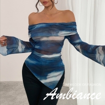 Åtsittande nätstickad bardot-topp med långa ärmar och mönster