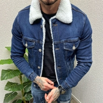 Herr Vintage Jeansjacka – Långärmad Modell med Ståkrage och Plyschfoder i Gammaltvättad Denimlook