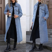 Trendig longline jeansjacka i denim med ståkrage, långärmad och påsydda bröstfickor