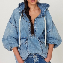 Gatumode Lös jeansskjorta med halv dragkedja, batwing-ärmar, dragskohuva och lappfickor