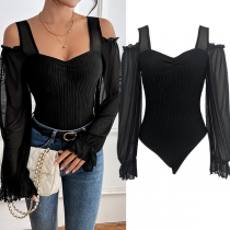 Bodysuit – ribbad långärmad modell med bar axel – trendig damtopp