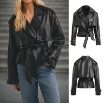 PU-konstläderjacka med notch-krage, lång ärm och öppen front – trendriktig stil