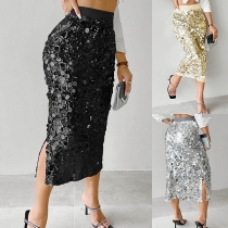 Paljettkjol med hög midja, blingdetaljer och slits i sidan