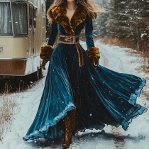 Vintage maxiklänning i plyschsammet med insydda våder och långa ärmar