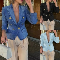 Jeansjacka i vintage-stil – stentvättad, dubbelknäppt med notchkrage och långa ärmar