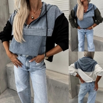 Långärmad streetwear-hoodie i denim med halv dragkedja, luva och dragsko