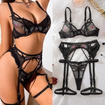 Sexy Colorful Floral Embroidery Three-piece Lingerie Set