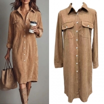 Vintage Stand Collar Long Sleeve Patch Chest Pockets Corduroy Shirt Dress