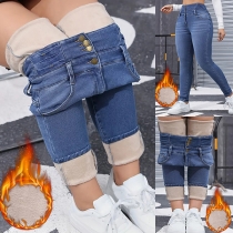Trendiga högmidjade skinnyjeans med varm plyschfoder