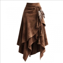 Vintage mockakjol med hög midja, asymmetrisk fåll och tofsbälte