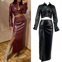 Fashion Ruched Artificial Leather PU Two-piece Set Consist of Crop Blouse and Side Slit Maxi Skirt