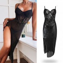 Fashion Sweetheart Neckline Lace-up Lace Spliced Rhinestone Side Slit Party Dress