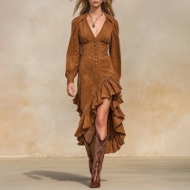 Klänning – trendig V-ringning med knappar fram, långärmad volang med asymmetrisk fåll