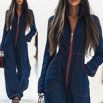 Damjumpsuit, långärmad och fodrad med kontrastsömmar samt halv dragkedja