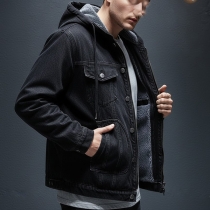 Denimjacka för herr – trendig vintagejacka med huva, plyschfoder, varm och långärmad