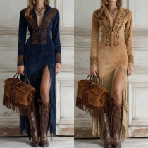 Vintage blommig broderiklänning med halvdragkedja, V‑ringad, långärmad och tofsad fåll