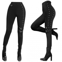 Dam skinnybyxor med hög midja – streetwear med spänne och snörning i sidan