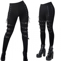 Streetwear – högmidjade skinnybyxor med metallspänne och sidonsnörning