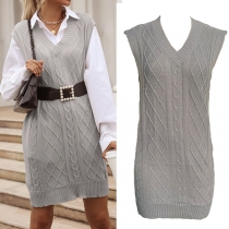 Dam V-ringad Ärmlös Stickad Väst med Diamantmönster, Trendig