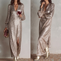 Festklänning i paljetter – glittrig V-ringad långärmad maxiklänning med sidoslits