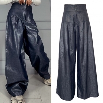 Högmidjade byxor i PU-konstläder, vida ben – trendig design