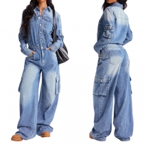 Jeansjumpsuit dam – gammaltvättad, långärmad med stående krage, knäppning fram, sidfickor och vida ben