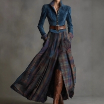Fashion Stand Collar Long Sleeve Front Button Plaid Spliced Front Slit Maxi Dress