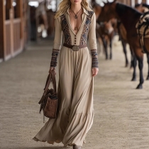 Maxiklänning i vintage-stil, blommönstrad, V-ringad och långärmad