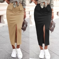 Pennkjol för dam med hög midja, lappfickor och framslits – trendig och elegant