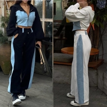 Streetwear-set i denim, tvådelat med croppad hoodtröja och mjukisbyxor med dragsko