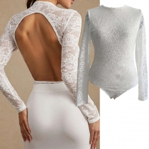 Spetsbody, sexig rund halsringning, ryggfri med långa ärmar, halvgenomskinlig