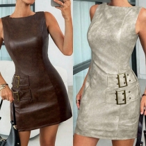 Bodyconklänning i PU-läder, ärmlös med rund hals och sidospänne – kroppsnära festklänning