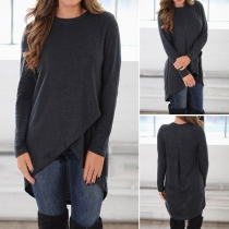 Fashion Solid Color Long Sleeve Round Neck Irregular Hem T-shirt