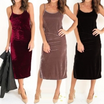 Sexy Backless Slit Hem Solid Color Sling Dress