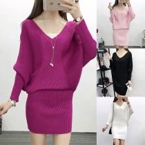Fashion Solid Color Dolman Sleeve V-neck Knit Dress