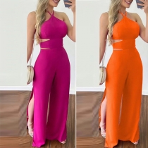 Sexy Backless Hollow Out Slit Hem High Waist Jumpsuits