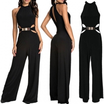 Sexy Backless Hollow Out High Waist Solid Color Jumpsuits