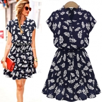 Fashion Bat Sleeve V-neck Gathered Waist Palm Leaves Print Dress