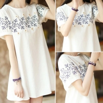 Fresh Style Embroidered Flowers Short Sleeve Round Neck Dress