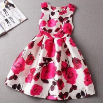 Sweet Floral Print Sleeveless Round Neck High Waist Dress
