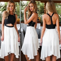 Sexy T-shape Backless Irregular Hem Contrast Color Dress