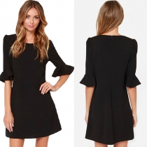 Sweet Lotus Sleeve Round Neck Solid Color Dress