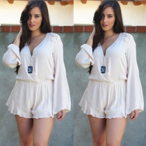 Fashion V-neck Long Sleeve Solid Color Chiffon Jumpsuits