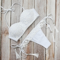 Sexy Lace Spliced Solid Color Bandeau Bikini Set