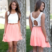 Bohemian Style Backless Bowknot Lace Spliced Chiffon Dress