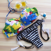Sexy Floral Print Striped Halter Bikini Set