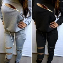 Mode sweatshirt med enfärgad dragkedja + Byxor sports set