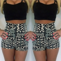 Sexy Black Crop Tops + High Waist Print Shorts Two-piece Set