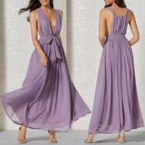 Sexy Backless Deep V-Neck Solid Color Beach Maxi Dres