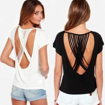 Sexig Crossover Rygglös Batwing Ärmlös Enfärgad T-shirt